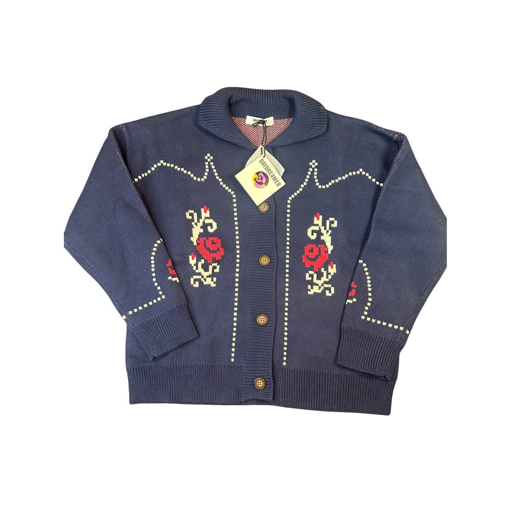 Daydreamer Navy Blue Rose Intarsia Knit Shawl Collar Cardigan Sweater M NEW